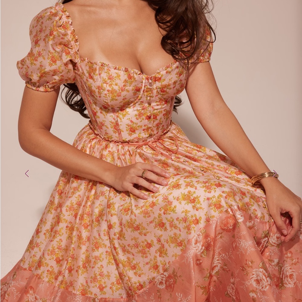 House of cb Peach Poppy Print Puff Sleeve Midi Sundress - Picture 2 of 5